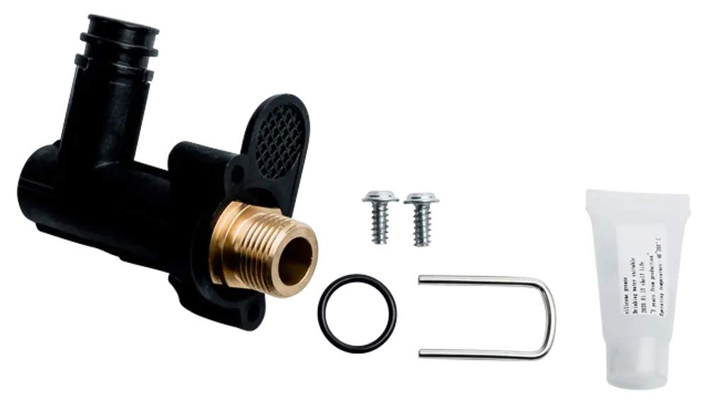 Hydraulikkomponente von Wolf mit einem Anschlussstück, zwei Schrauben, einem Dichtungsring, einem Sicherungsbügel und einer Tube Dichtmasse.
